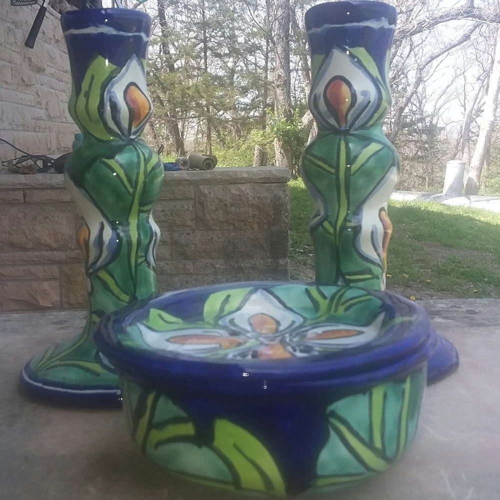 Candle sticks hand painted in mexico, incense burner not included